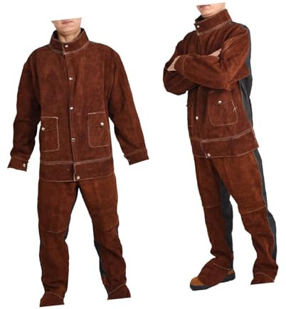 Leather Welding Jacket Pants Suit Anti Scald, Fire Resistant Welders Overalls, Brown, L