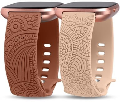TOYOUTHS 2 Stück Boho Floral Gravierte Armband kompatibel mit Fitbit Versa 2/Fitbit Versa/Versa Lite Armband Frauen Männer Weich Silikon Sport Loop Ersatzarmbänder für Versa 2, Braun/Milchtee