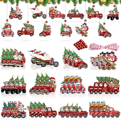 36pcs Christmas Truck Wood Ornaments, Christmas Tree Hanging Decor, Wooden Christma Ornaments, Xmas Tree Decorations for Holiday Xmas Party