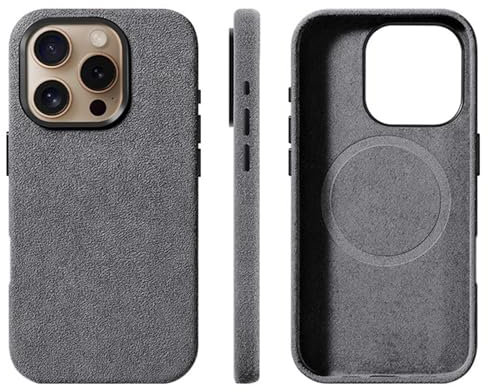 Alcantara Suede Case for iPhone 16 Pro Max/16 Pro/16 Plus/16, Compatible with MagSafe Genuine Italian Suede Leather Handmade Ultra Slim Anti-Slip Anti-Scratch (Gray, 16 Pro Max)