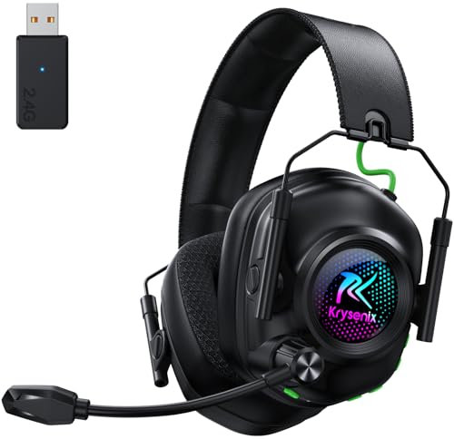 Krysenix KGH2 Gaming Headset Wireless, 2,4G Gaming Headset für PC, PS4, PS5, Mac, Switch, Bluetooth Kopfhörer Mit Mikrofon Geräuschunterdrückung, LED Licht, 40 Stunden Akkulaufzeit, Schwarz