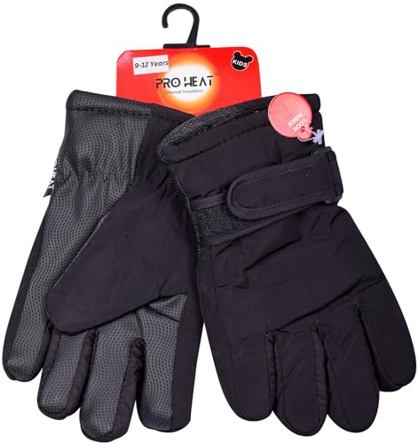 ZARWASKA® Kinder-Handschuhe, wasserdicht, Thermo-Handschuhe für Sport, Rugby, Fußball, Radfahren, flauschige schwarze Fäustlinge, ideale Strumpffüller, Winter-Touchscreen-Handschuhe, schwarz, 9–12