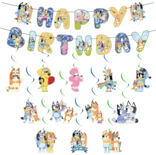 Blue-Y 14Pcs Dog Happy Birthday Banner Decoration Set - Kids Party Supplies with Bunting Garland and Hanging Swirls
