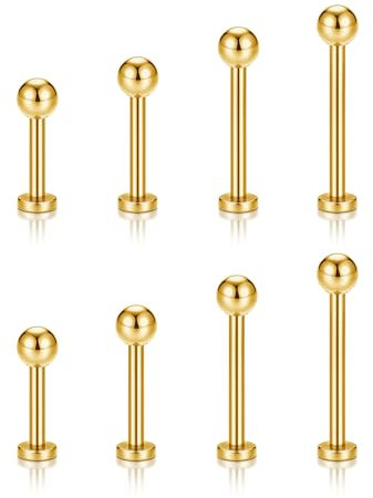 JSDDE 8 Stücke Labret Piercing Gold Set Lippenpiercing Nasenpiercing Stecker mit Kugel Conch Piercing Helix Tragus Ohrpiercing Knorpel Ohrringe Stud Medusa Piercing Gold 6-12mm