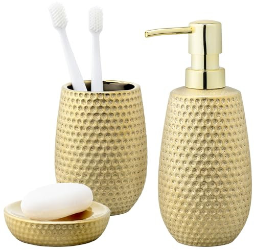 Navaris Premium Badset - modernes Badezimmer Set - Deko Bad Set mit Seifenspender Seifenschale und Zahnputzbecher - Badzimmer Zubehör - Seifenspender in Gold - Bad Organizer