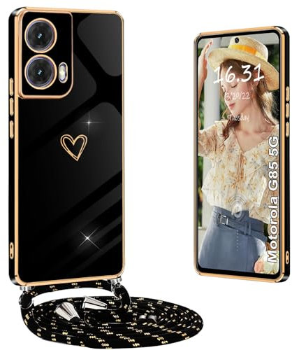 Yutwo Funda para Motorola G85 5G con Cuerda, Fundas para Motorola G85 5G con Colgante Patrón de Love Suave Carcasa Antigolpes Funda para Motorola G85 5G, Negro