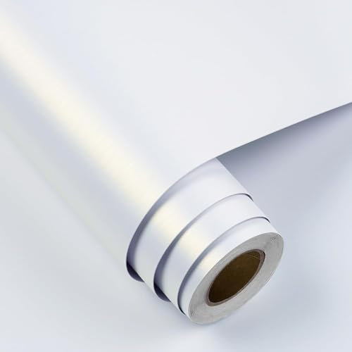 FunStick 40CM×6M Peel and Stick Wallpaper for Furniture Fridge Brushed White Stick on Wallpaper for Bedroom Bathroom Kitchen Walls Waterproof Metallic Effect White Vinyl Wrap for Kitchen Worktop Table