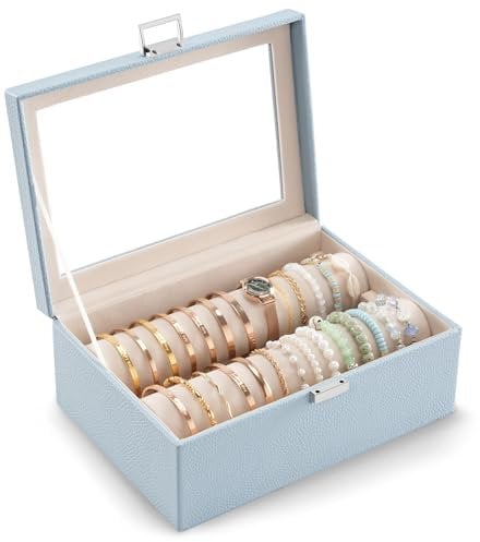 Lolalet Bracelet Organizer Box, Jewelry Display Holder with Rolls for Bangles Watches, Clear Lid Jewelry Storage Case for Women -Blue