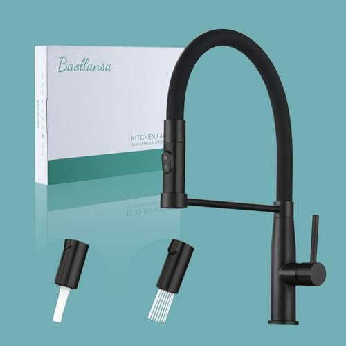 Baollansa rubinetto lavello cucina, kitchen faucet con beccuccio flessibile, miscelatore cucina in silicone tube, girevole a 360°, rubinetto cucina acciaio inox con due funzioni (Tutto Nero)
