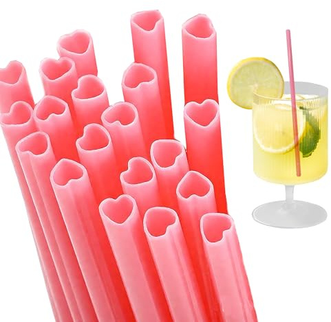 20 Pcs Pink Heart-Shaped Straws, Cute Plastic Reusable Straws for Cocktail Smoothies Coffee Drinking Juice, Straight Straw Set for Party Birthday Wedding