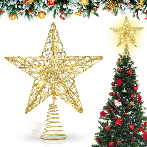 Ctxtqtdt Gold Christbaumspitze Stern, 25cm Christbaumspitze Stern, 20 LED Weihnachtsbaumspitze, Baumspitze Weihnachten, Weihnachtsbaumspitze Beleuchtet (3 Beleuchtungsmodi)