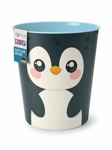 itenga Papierkorb für Kinder mit Tier Motiv - Pinguin - Kawaii Design - rund ca. 11 Liter - Mülleimer fürs Kinderzimmer - stabiler Kunststoff