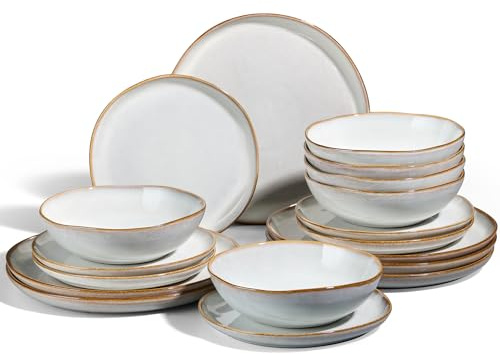 Joyfair Dinner Set, 18 Pieces Stoneware Dinnerware Set Service for 6, Reactive Glaze Irregular Shape Plates and Bowls, Chip & Scratch Resistant, Microwave & Dishwasher Safe, Gilded Alabaster White