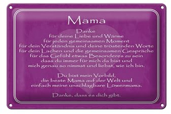 Femer Blechschild Spruch 20x30 cm Mama danke dass es Dich gibt lila Deko Schild