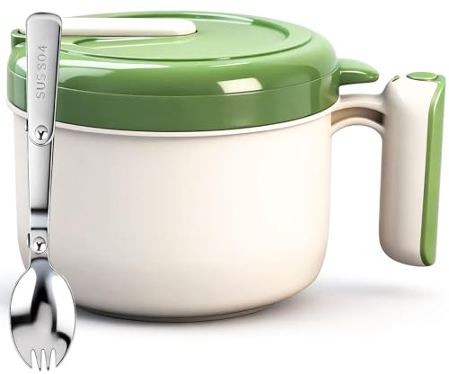Purilit design Bol à nouilles instantanées - 1300 ml - Avec couvercle anti-fuite - Avec baguettes et cuillère - Pour légumes, fruits, ramen - Vert
