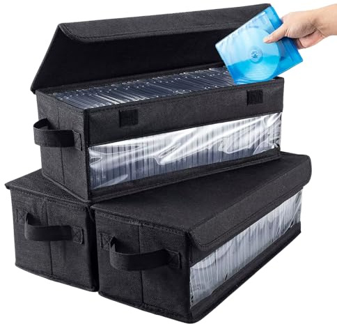 Weciau CD Storage Boxes, 3 Pack DVD Storage Box with Lids and Window, 14.2 x 6.3 x 5.5 CD Case Holder, Each Holds 35 CDs in Full Jewel Cases, 60 CDs in Slim Cases, 170 Discs in CD Sleeves (Black)