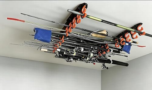Funvalley Surperfect Fathers Day Gift: Wall Mounted Fishing Rod Holder, 10-Slot Heavy Duty Fishing Rod Rack for Garage, Shed & Ceiling - Wall or Ceiling Mount Storage for Fishing Poles