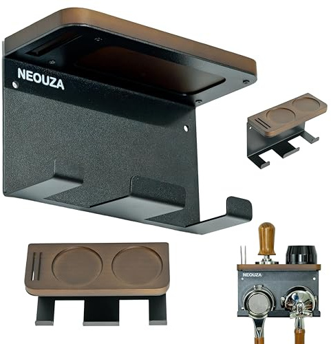 NEOUZA Espresso-Zubehörhalter, Wandmontage, Kaffeeveranstalter, Verteiler, Portafilter, Scheibe, Ablagefach für Haus, Bar, Büro, Bambus und Edelstahl