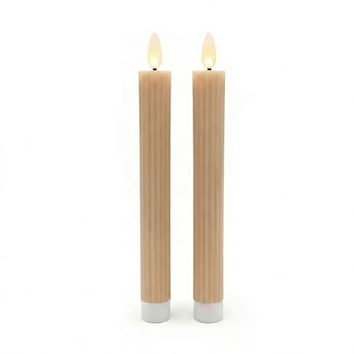 Relaxdays LED Stabkerzen, 2er Set, HxD 25 x 2 cm, flackernde Flamme, Echtwachs, Rillen, flammenlose Kerzen, Mocha-Mousse