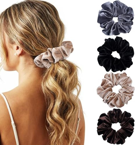 FAYAHAR 4 Stück Haargummi Samt, Scrunchies Samt, Scrunchies Haargummi Dick | Weich Samt Haargummi, Hohe Elastizität Haltekomfort, Haarschonend Ohne Ziepen, für Damen, Feine Dicke Lockige Haare