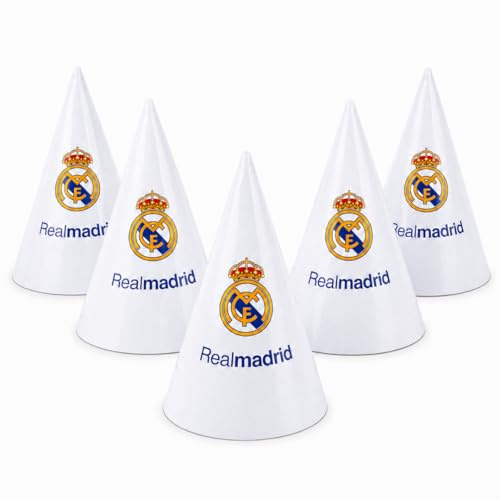 EuroFiestas, Gorros de Cumpleaños Infantil Real Madrid, Decoracion Cumpleaños Real Madrid, 15x10 Cm, Decoracion Temática Oficial para Fiestas, Meriendas y Comuniones, Accesorios para Celebración 6 Uds