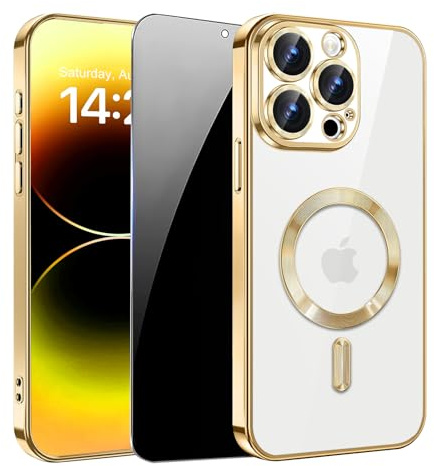 Lukecasel Magnetic Case for iPhone 14 Pro Max, [Privacy Screen & Camera Lens Protector], Clear Magnetic Luxury Plating Case Compatible with MagSafe Anti-Scratch Phone Cover Gold