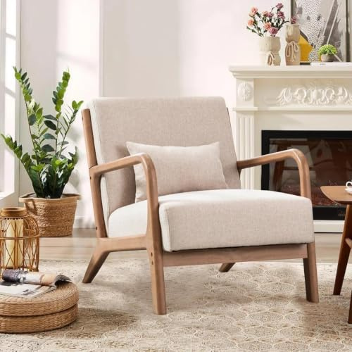 EBELLO Accent Sessel mit Kissen,Holzrahmen,gepolstert, Beige | Sessel mit Armlehnen,Ohrensessel,Lesesessel,Wohnzimmersessel,Mid‑Century Stil,max.150kg Belastung Erwachsene,Wohnzimmer
