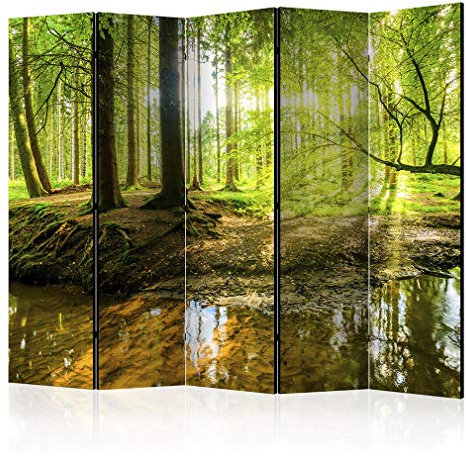 decomonkey Paravent Raumteiler Innen Wald 225x172 cm 5 Teilig Einseitig Room Divider Wall Raumteiler Stehend Trennwand Sichtschutz Spanische Wand Sichtschutzwand Wohnzimmer Holz Baum Sonne