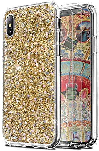Feyten iPhone XS Max Hülle mit Displayschutz [2 Stück], Bling Glänzend Glitzer Weich TPU Silikon Etui Cover Schale Schutzhülle für Apple iPhone XS Max 6,5 (Gold)