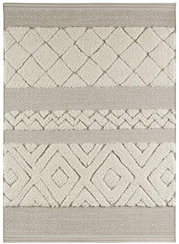 Mint Rugs Todra Teppich – Wohnzimmerteppich Flachgewebe mit Hochflor Absetzung im Ethno Design, kuscheliger Vintage Läufer für Wohnzimmer, Schlafzimmer, Esszimmer, Flur – Beige Creme, 120x170cm
