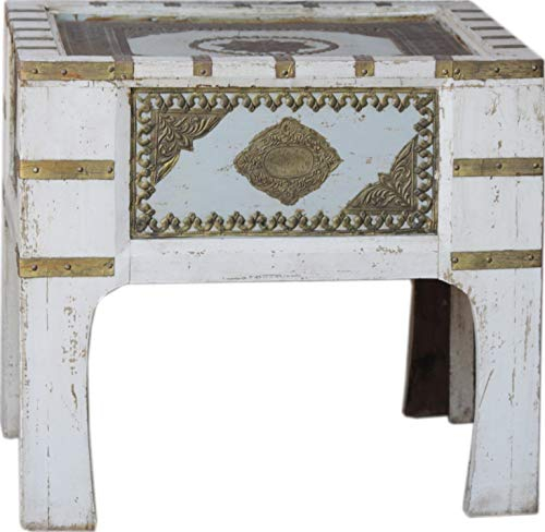 GURU SHOP Orientalischer Beistelltisch mit Messing Dekoration - Modell 3, Weiß, Mangoholz, 51x57x57 cm, Kaffeetische & Bodentische
