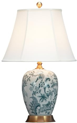 Fine Asianliving Chinesische Tischlampe Gebrochenes Weiß Botanische Kunst D41xH66cm mit Lampenschirm E27 China Orientalische Tischleuchte Keramik Nachttischlampen Asia
