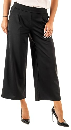 ICHI IHKATE SUS WIDE PA Damen Hose Stoffhose mit Stretch gerader Schnitt Elastikbund Crop Länge, Größe:M, Farbe:Black (194008)