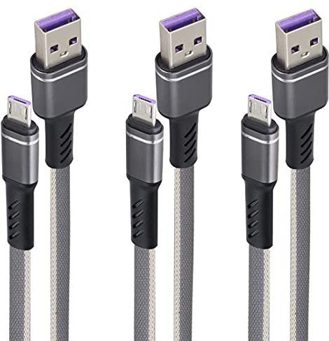 AAOTOKK 3FT Plat en Nylon Tressé USB A vers Micro USB Câble de Synchronisation de Données Haute Vitesse et Charge Rapide Compatible avec Samsung,Huawei,Smartphones Android,Tablettes(Gris/3Pack)