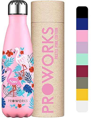 PROWORKS Bouteille d'eau Isotherme, sans BPA, Gourde INOX Reutilisable pour Maintien Chaud de 12 Heures & du Froid Jusqu’à 24 Heures, Sport, Gym, Voyage - 500ml - Rose Pastel - Flamant Rose