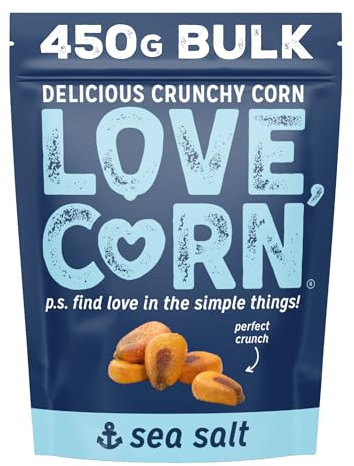 LOVE CORN Sea Salt Crunchy Corn Large Sharing Bag (450g) - High Fibre Snack, High Oleic Sunflower Oil, Gluten-Free, Vegan, Kosher, Low Sugar, Healthy Plant Based Graze, Crisps Alternative, UK Made