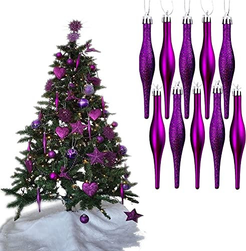 Simply Products 10 Droplet Baubles - Great Christmas Tree Decoration, Matte & Glitter Icicle Baubles (Dark Purple Glitter & Matte)