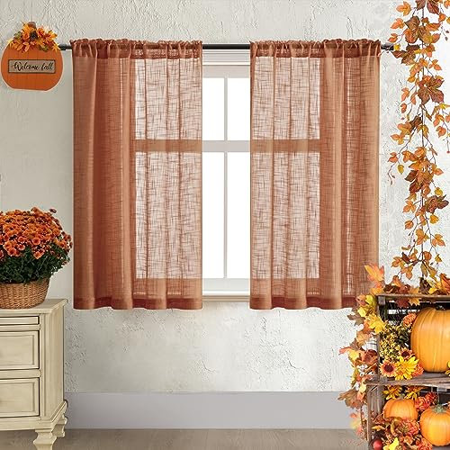 SHINELAND Boho-Vorhänge für Küchenfenster, rostorange, rustikale Leinen-Jute-Optik, kurze transparente Vorhänge, 122 cm lang, für Schlafzimmer oder Bad, 2er-Set
