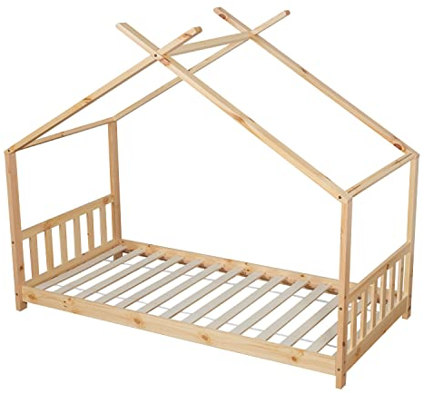 Lit cabane Enfant 190 x 90 cm en Bois de pin Naturel, avec sommier, tête et Pied de lit, Gaspard