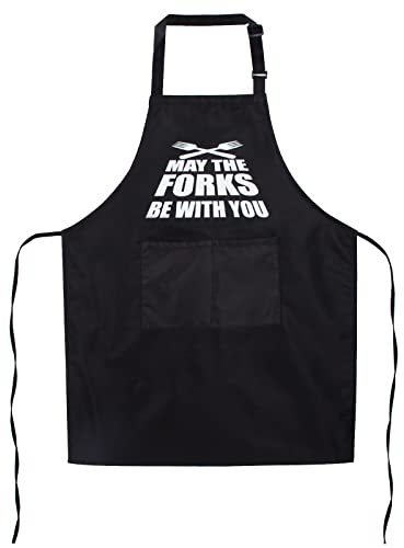 Black Kitchen Aprons Forks Cooking Apron Adjustable Waterproof 70cm Extension Belt with Letter Gifts BBQ Party Birthday Gift for Father Husband Dad Grandfather Boyfriend (White Letters)