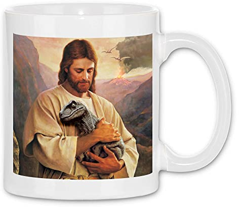 wowshirt Tasse Jesus Hält Dino Dinosaur Atheist Atheismus Nerd Geek, Farbe:White - White
