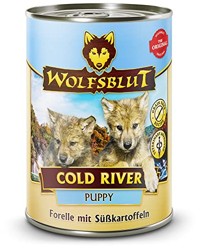 WOLFSBLUT – Cold River Puppy | Nassfutter mit natürlichen Zutaten und wertvollen Superfoods für heranwachsende Hunde. Getreidefreies Alleinfutter ohne Zusatzstoffe in der Dose | 6x395g Forelle