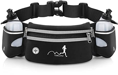 Auniq Ceinture de Course Running Belt Sac Banane de Sport Ceinture d'hydratation avec 2 gourdes Sac de Taille réfléchissant pour Smartphones, clés pour Marathon, l'entraînement, la randonnée (Noir)