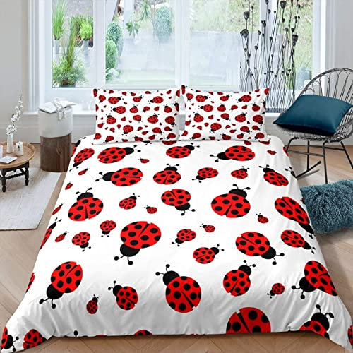 Bettwäsche 135x200 Ladybug Bettwäsche-Sets Süße Tiere 3D Druck Bettbezug Weiche Mikrofaser 3 Teilig Bettbezüge mit Reißverschluss und 2 Kissenbezug 80x80cm