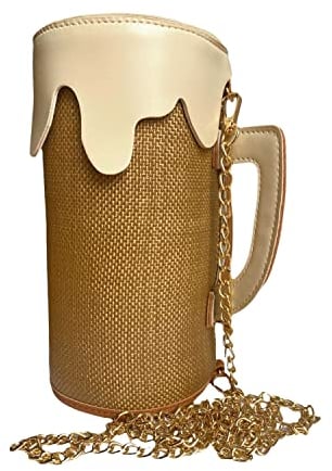 Glücksschmiedin Mei Maß – Trachten Tasche Dame im Bierkrug Design aus veganem Leder und Rattanoptik mit goldener Kette