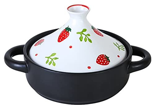 Lovely Strawberry Casserole Stewpot Soup Rice Household High Temperature Ceramic Stewpan Saucepan Earthenware Cooking Pot (1.5L)