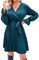 CUPSHE Damen Kleid V Ausschnitt Wickeloptik Langarm Plissiertes Kleid Taillengürtel Satinoptik Freizeitkleider Party Dress Blau M