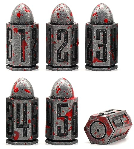 Bullet Metall Würfel Set, D6 DND Würfel 6pcs, ZHOORQI Blutfleck Polyedrische Würfel für D&D Dungeons and Dragons Zubehör Geschenk(Bullet - Altsilber)