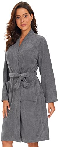 vislivin Leichter Bademantel Damen Frottee Bademantel Sauna Morgenmantel Knielanger Saunamantel Bathrobe Damen Grau M
