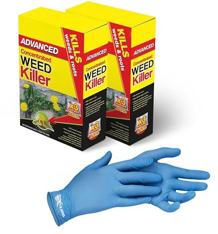 Advanced Weedkiller Concentrated with 1 Pair Non-Sterile Gloves Super Strength and Easy to use Contains Glyphosate kills unwanted vegetation 80ml Liquid Sachets (6 Weedkiller Sachets)